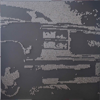 FRANCES 2013 -  Metal star charms on stainless steel nails on black wood panel- 48”X48” - US$7900